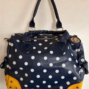 Navy Polka Dot Satchel Handbag White Dots Yellow Trim Faux Leather PU PVC